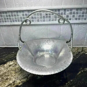 Vintage Cromwell Hand Wrought Hammered Aluminum Basket W/fruit Designs&Handle!